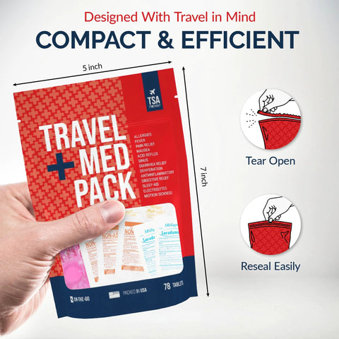 Travel medicine kit front view, red and blue TSA-friendly 78-tablet med pack (Amazon).
