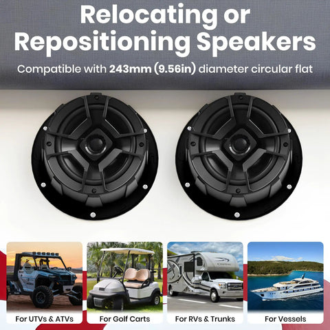 No Sweat Install Angled 6.5 Inch Speaker Pods Two Pack Slick Universal Mount Kit with circular flat speaker design.