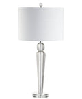 Crystal Clear Table Lamp In Modern Glam Style With White Linen Drum Shade, Sleek Chrome Finish, LED Bulb Included, ETL Listed For 120V Safety, 28.5 Inch Tall Column Lamp That Brings A Lit Vibe To Your Living Room, Bedroom, Or Nightstand
