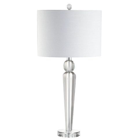 Crystal Clear Table Lamp In Modern Glam Style With White Linen Drum Shade, Sleek Chrome Finish, LED Bulb Included, ETL Listed For 120V Safety, 28.5 Inch Tall Column Lamp That Brings A Lit Vibe To Your Living Room, Bedroom, Or Nightstand