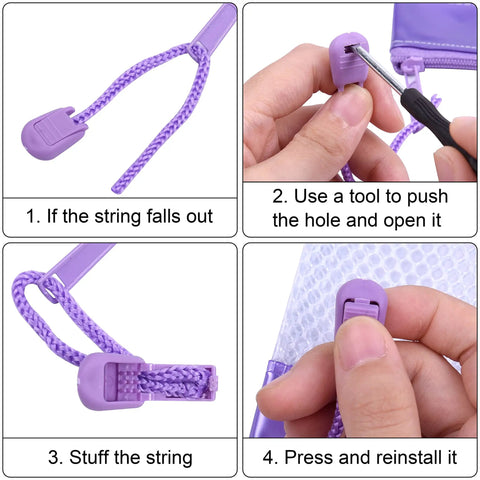Instructions for fixing string on Four Pack Durable Letter Size Waterproof Mesh File Bags For Documents And Everyday Carry Zipper Pouch Organizers