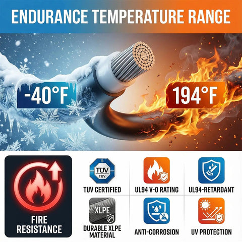 Beefy Solar Panel Extension Cable 10 AWG 30ft showing temperature range from -40°F to 194°F with fire resistance features