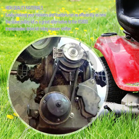 General Transmission RS800 All In One Pro Grade Driven Pulley Kit installed on Husqvarna lawn mower with grass