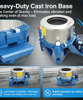 Industrial Centrifuge Dryer Machine For Solid Liquid Separation And Heavy-Duty Dehydration Featuring Built-Tough Stainless Drum And Zero-Wobble Cast Base For Biomass Oil Extraction. Close-up of heavy-duty cast iron base.