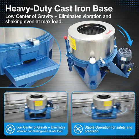 Industrial Centrifuge Dryer Machine For Solid Liquid Separation And Heavy-Duty Dehydration Featuring Built-Tough Stainless Drum And Zero-Wobble Cast Base For Biomass Oil Extraction. Close-up of heavy-duty cast iron base.