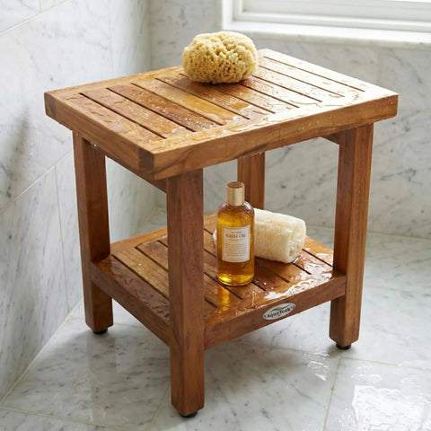 18 Inch Spa Teak Shower Bench With Shelf, Solid Teak Wood Construction, Stainless Steel Non Corroding Hardware