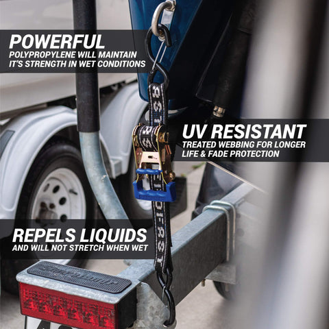 Rear Transom Boat Trailer Straps Ratchet Tie Downs 1.5 Inch By 4 Foot Heavy Duty Pair With PVC Hooks For Trailered Boats Pontoons And Jetskis 3,300 Lbs Break Strength Made In New Zealand shown attached to a trailer.