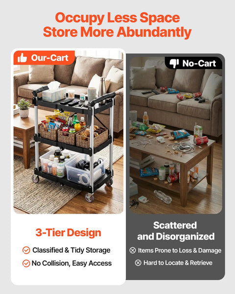 Foldable Utility Service Cart With 3 Shelves Heavy Duty Plastic Rolling Cart Holds 165 Lbs 360 Degree Swivel Wheels shown organized in living room