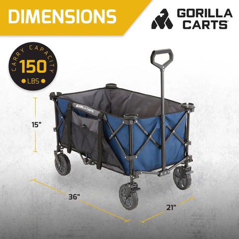 Collapsible Folding Outdoor Utility Wagon With Oversized 36x21x15 Inch Bed, 150 Lb Load, Blue, Built For Beach, Camping, Picnics And Sports