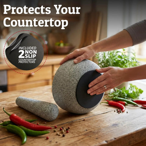 Heavy Duty Granite Mortar And Pestle Set Hand Carved From Natural Stone Two Cup Grinder Bowl For Fresh Guacamole Salsa Pesto Herbs And Spices Six Point Three Inches Wide Grey Great For Grinding Spices Seeds And Seasonings on kitchen counter with non-slip protectors