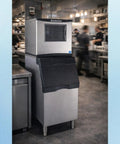 Heavy Duty Commercial Nugget Ice Maker Producing Beast Mode Cubes For Hospitality Venues With Large Capacity Bins and Fast Cycle Times in stainless steel.