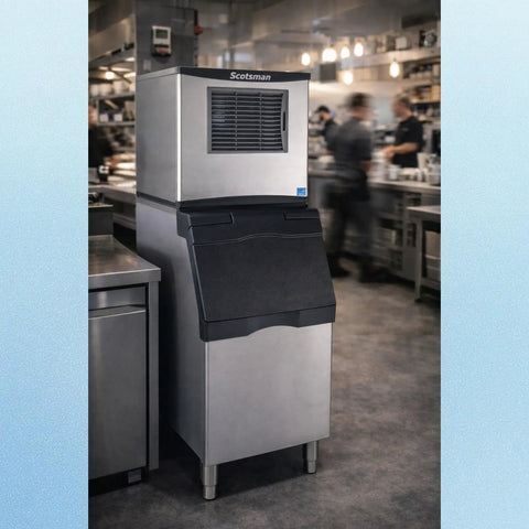 Heavy Duty Commercial Nugget Ice Maker Producing Beast Mode Cubes For Hospitality Venues With Large Capacity Bins and Fast Cycle Times in stainless steel.