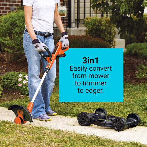 Person using 3 In 1 Cordless Weed Eater Lawn Edger And Lawn Mower With Two Batteries And Charger 12 Inch Battery Powered String Trimmer And Mower next to wheeled deck on lawn