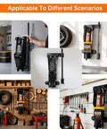 Heavy Duty Wall Mount Jack Stand Rack For Hydraulic Jacks installed in garage and workshop settings, showcasing various jack positions.