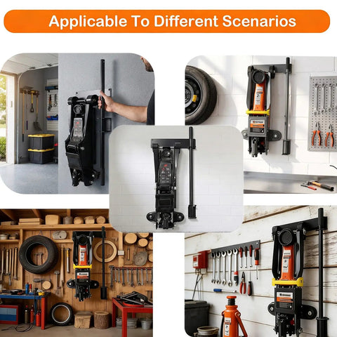 Heavy Duty Wall Mount Jack Stand Rack For Hydraulic Jacks installed in garage and workshop settings, showcasing various jack positions.