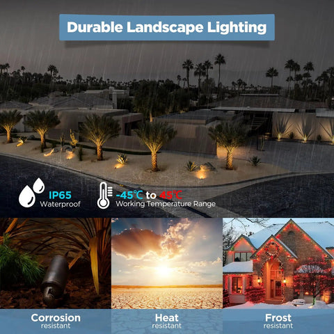 Solid Brass Outdoor Landscape Spotlights 12V Low Voltage LED Waterproof Garden Yard Up Lighting Bronze Finish Heavy Duty Brass Construction 6 Pack Without MR16 Bulb in use at night in rain, showcasing corrosion and heat resistance.
