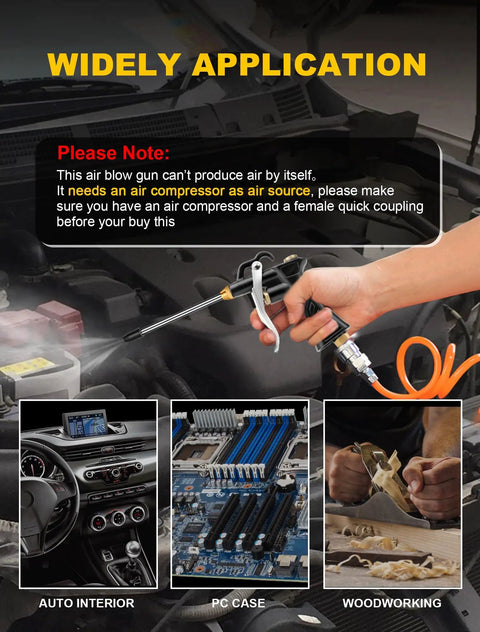 Person using Must Have Heavy Duty Air Blow Gun With Brass Adjustable Nozzle in automotive and woodworking applications