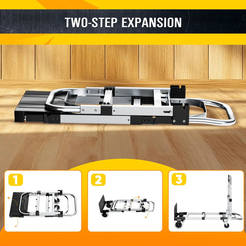 Heavy Duty 600 Lb Hand Truck Featuring Rock Solid Build and Ridiculously Easy Mode Flip for Stairs or Flat Surfaces, shown in two-step expansion.