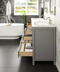 Kickstart Your Reno With This Legit 84 Inch Gray Double Sink Bathroom Vanity Featuring A Genuine White Carrara Top And Solid Wood Construction showing open drawers.