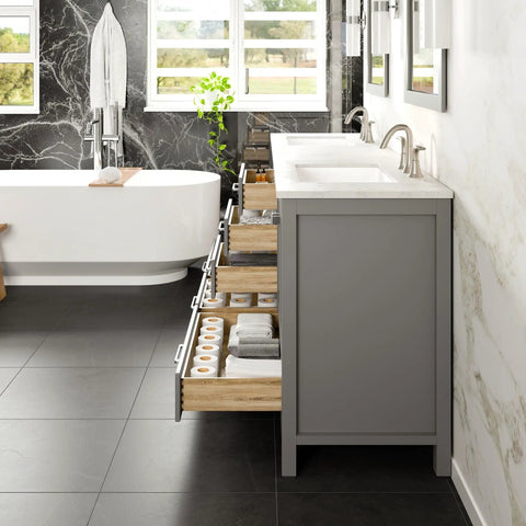 Kickstart Your Reno With This Legit 84 Inch Gray Double Sink Bathroom Vanity Featuring A Genuine White Carrara Top And Solid Wood Construction showing open drawers.