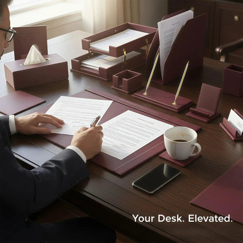 Premium Leather Desk Organizer Set Boss Level with desk pad and blotter, 15 piece office kit shown on a wooden desk surface.