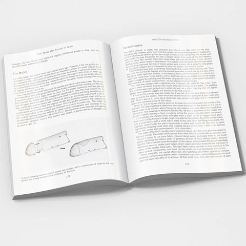 Open book showing diagrams and text from Hands On Scratchbuilding World War I Aircraft In 1 144 Scale A Practical Guide For Diehard Modelers Featuring Nitty Gritty Plans And Tips For The Royal Aircraft Factory FE 2B Airco DH 2 Pfalz D III For Builders Everywhere.
