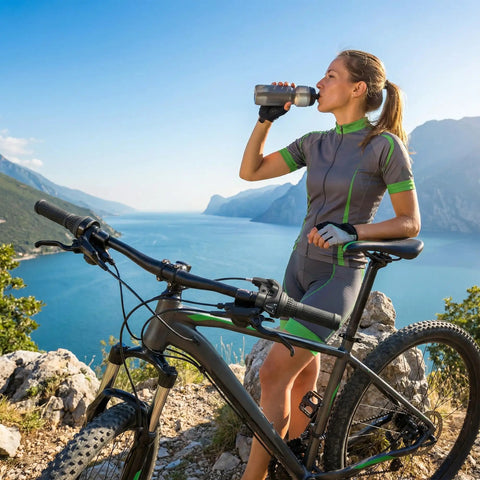 Woman drinking water next to bike equipped with 7 Speed Twist Shifter Lever For MTB And Folding Bikes With Ergonomic Grip And Crisp Shifts.