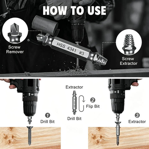 Illustration showing steps to use Damaged Screw Extractor Set for Stripped Screws and Bolts, 6-Piece Bolt Extractor Kit with Drill Bits.