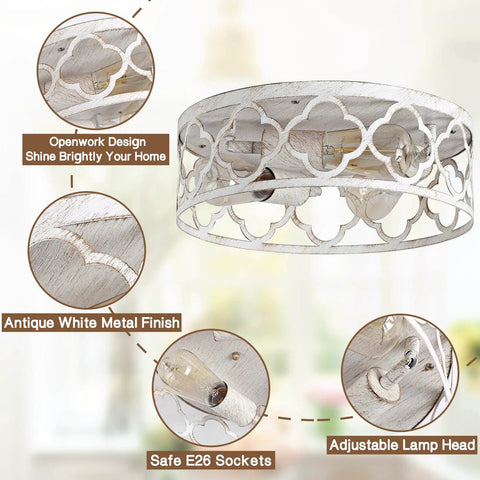 Rustic 13 Inch Flush Mount Ceiling Light Three Light Farmhouse Fixture In Antique White Finish With Quatrefoil Design