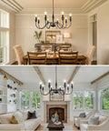 Black Farmhouse Chandelier With 8 Candle Style Lights in dining and living rooms, showcasing rustic metal ceiling fixture elegance.