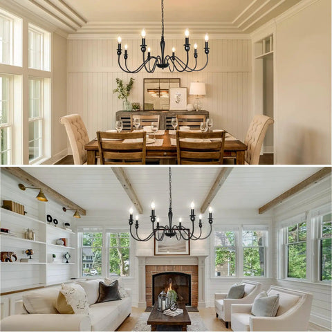 Black Farmhouse Chandelier With 8 Candle Style Lights in dining and living rooms, showcasing rustic metal ceiling fixture elegance.