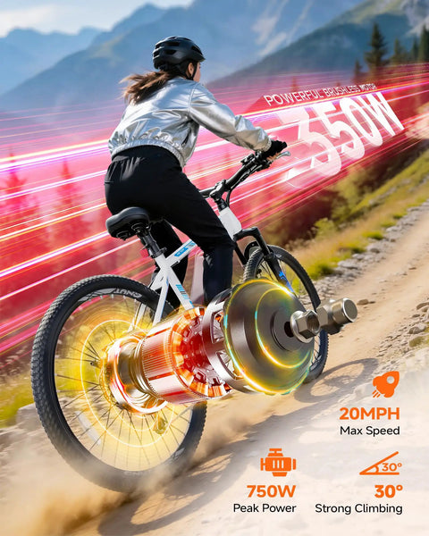Rider on High Power 1000W Electric Mountain Bike for Adults with 26 Inch Frame on rugged trail
