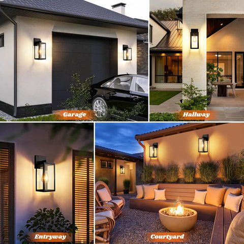 Built Tough 2 Pack Waterproof Outdoor Wall Lanterns, Rust Resistant Black Sconces With Shatterproof Clear Glass, Front Porch And Garage Lighting That Actually Works Every Single Day, Bulbs Not Included in garage and entryway settings.