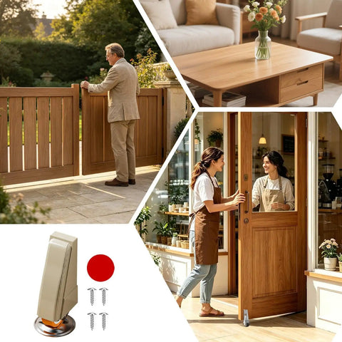 Heavy Duty Gate Support Wheel Quietly Fixes Sagging Wood Doors With Smooth Rolling Caster near a man opening a wooden gate.
