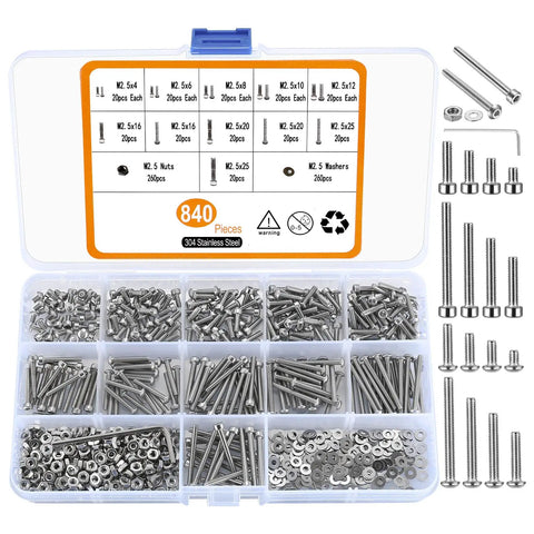 M2.5 Stainless Steel Screws With Nuts And Hex Socket Head Cap Bolts And Nut Assortment Kit 840 Piece Fasteners Set