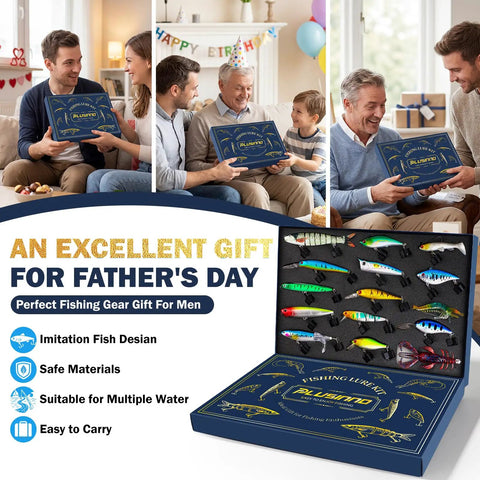 Action Packed Bass Fishing Lures Kit With Tackle Box, ideal gift for Father's Day, shown with family receiving the set.