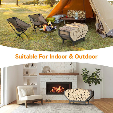 Indoor Outdoor Firewood Rack With Large Capacity Rustproof Steel Log Holder for fireplace and outdoor use, in camping and home setting