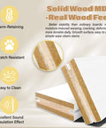 Cross-section of solid wood MDF panel, warm-retaining, scratch-resistant, showing structure and benefits for kitchen, bedroom, and bathroom doors.