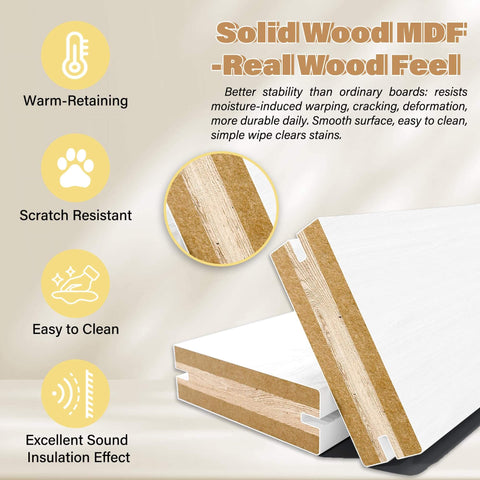 Cross-section of solid wood MDF panel, warm-retaining, scratch-resistant, showing structure and benefits for kitchen, bedroom, and bathroom doors.