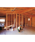 Person installing Saf-T-Bar Ceiling Fan Mount Kit for safe DIY install in new construction with exposed wooden framing.