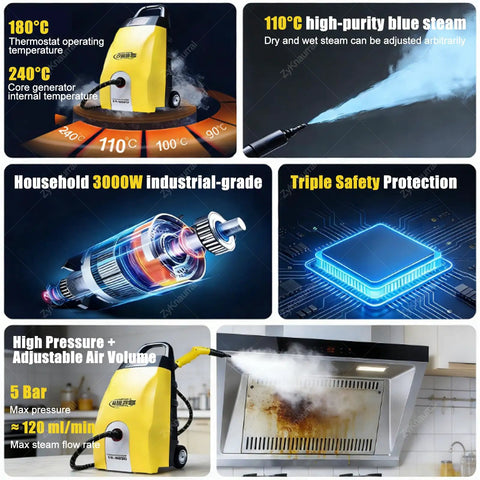 3000W Commercial Steam Cleaner With High Temp 3.5L Tank For Heavy Kitchen And Auto Detailing Jobs Powerful steam cleaning kitchen grease.