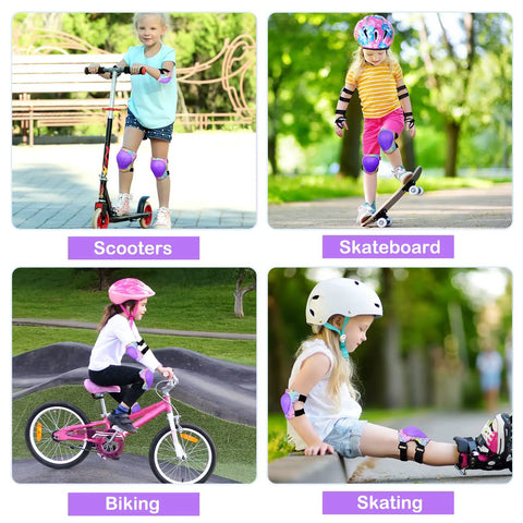 Super Comfy Kids Protective Gear Set Knee Pads Elbow Pads And Wrist Guards For Roller Skates Bikes Scooters And Boards. Wearing in action.