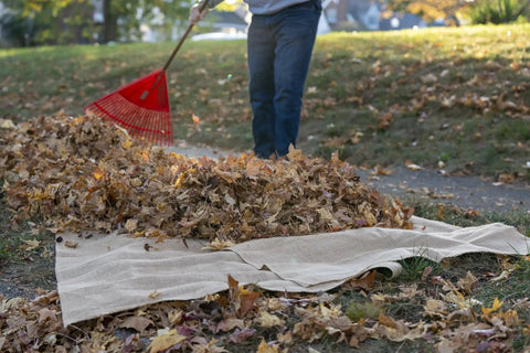Person raking leaves onto Heavy Duty Burlap Garden Fabric 12 Oz Odorless Food Grade For Weed Blocking And Erosion Control