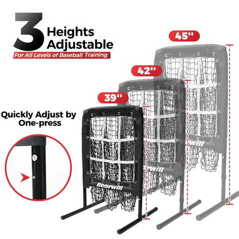 9 Hole Pitching Net With Adjustable Height And 18 By 22 Strike Zone Baseball And Softball Practice Target showing three height levels