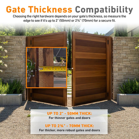 Wooden gate backdrop for Long Throw Gate Lock For Sheds And Fences With Euro Profile Keyed Both Sides, 316 Stainless Steel Black Finish, Fits Wooden Gates Up To Two And Three Quarters Inches Thick, Includes Five Keys