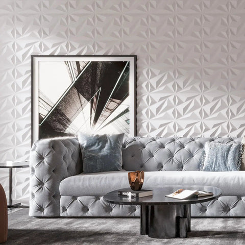 Living room with 33 Pack 3D Diamond Wall Panels For Interior Decor, PVC Flower Texture Wall Panels, white 12x12 inches.