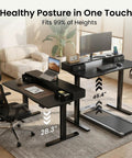 Top Shelf Electric Standing Desk 55x26 Inch with adjustable heights, showing dual monitor shelf and ergonomic design.