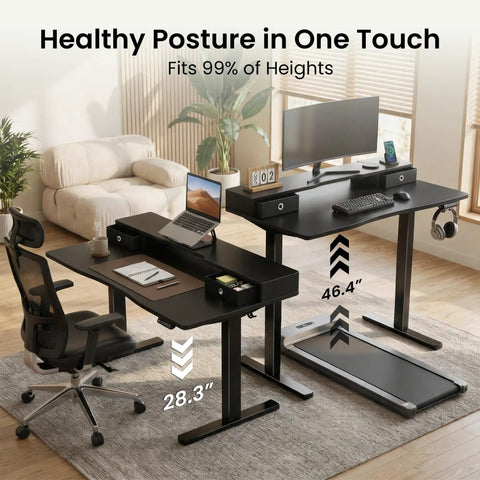 Top Shelf Electric Standing Desk 55x26 Inch with adjustable heights, showing dual monitor shelf and ergonomic design.