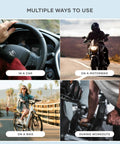 Bluetooth Media Button With Steering Wheel Mount For Cars And Bikes, showing usage in car, motorbike, bicycle, and gym setting