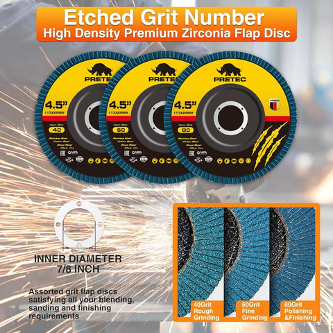 Front view of PRETEC zirconia flap discs, three 4.5-inch discs with 7/8-inch bore and 40/60/80 grit.